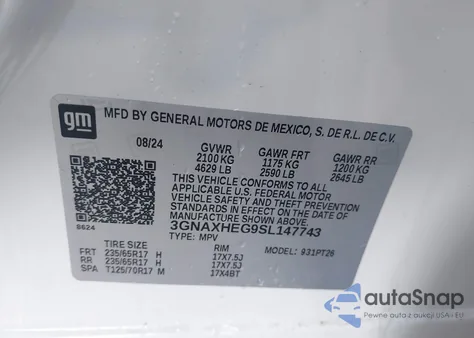 2025 Chevrolet Equinox Fwd Lt из США, поврежденный, VIN 3GNAXHEG9SL147743